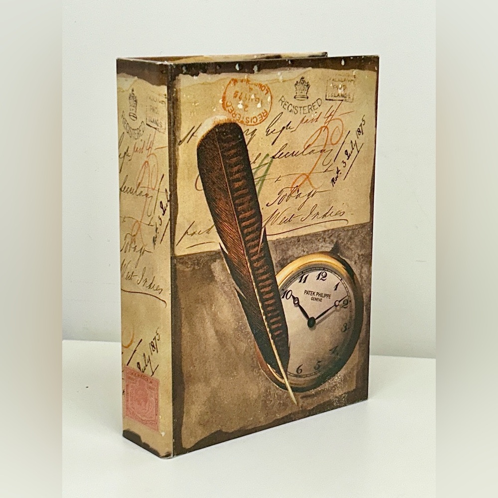Vintage Artisan Hand Crafted Velvet Lined Oil Painted Canvas Faux Book Box